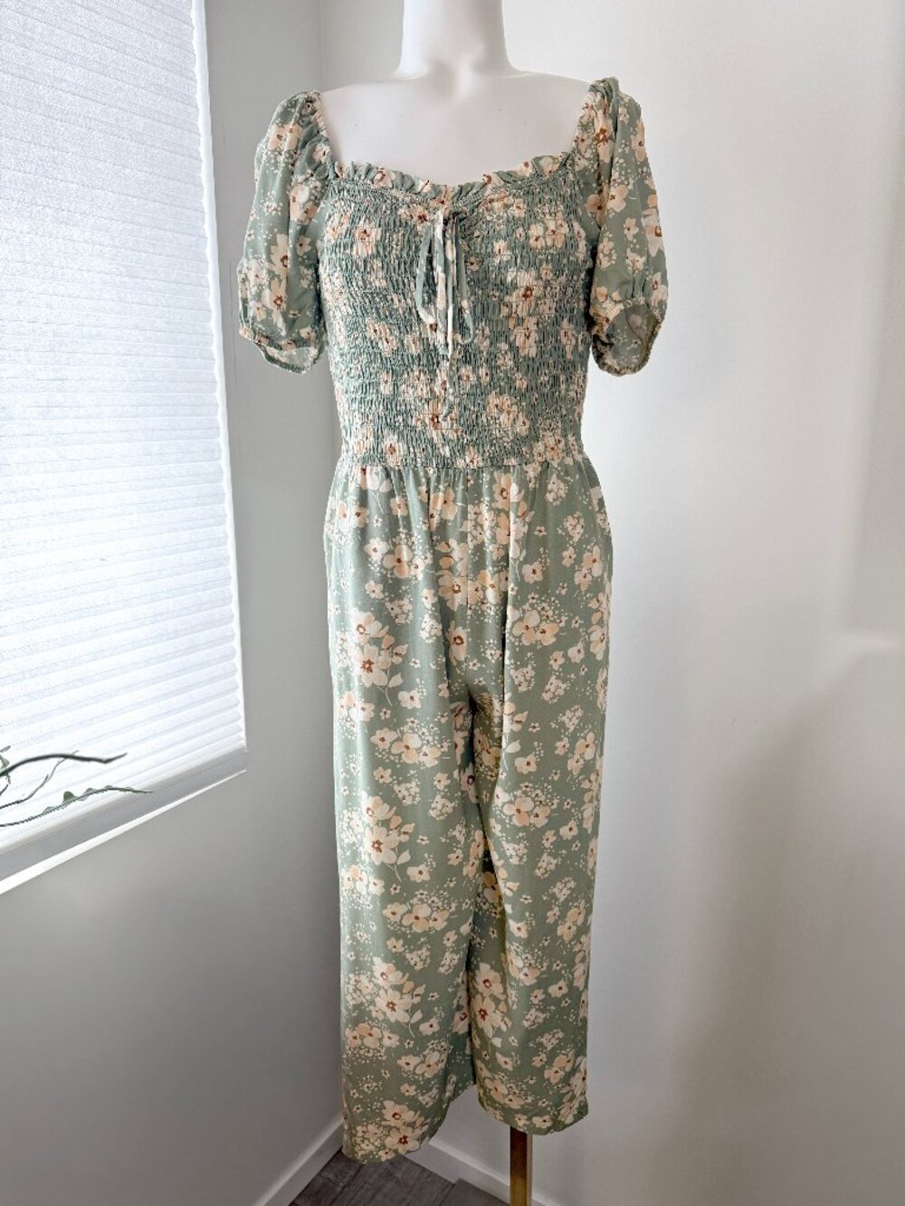 Lily Rose Spring Floral Off-Shoulder Sage Tea Dress Jumpsuit